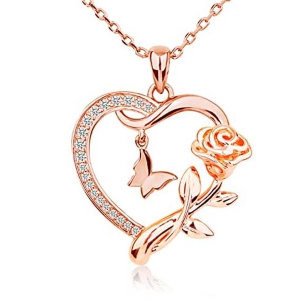 Sterling Silver Heart Necklace for Women Rose Gold CZ